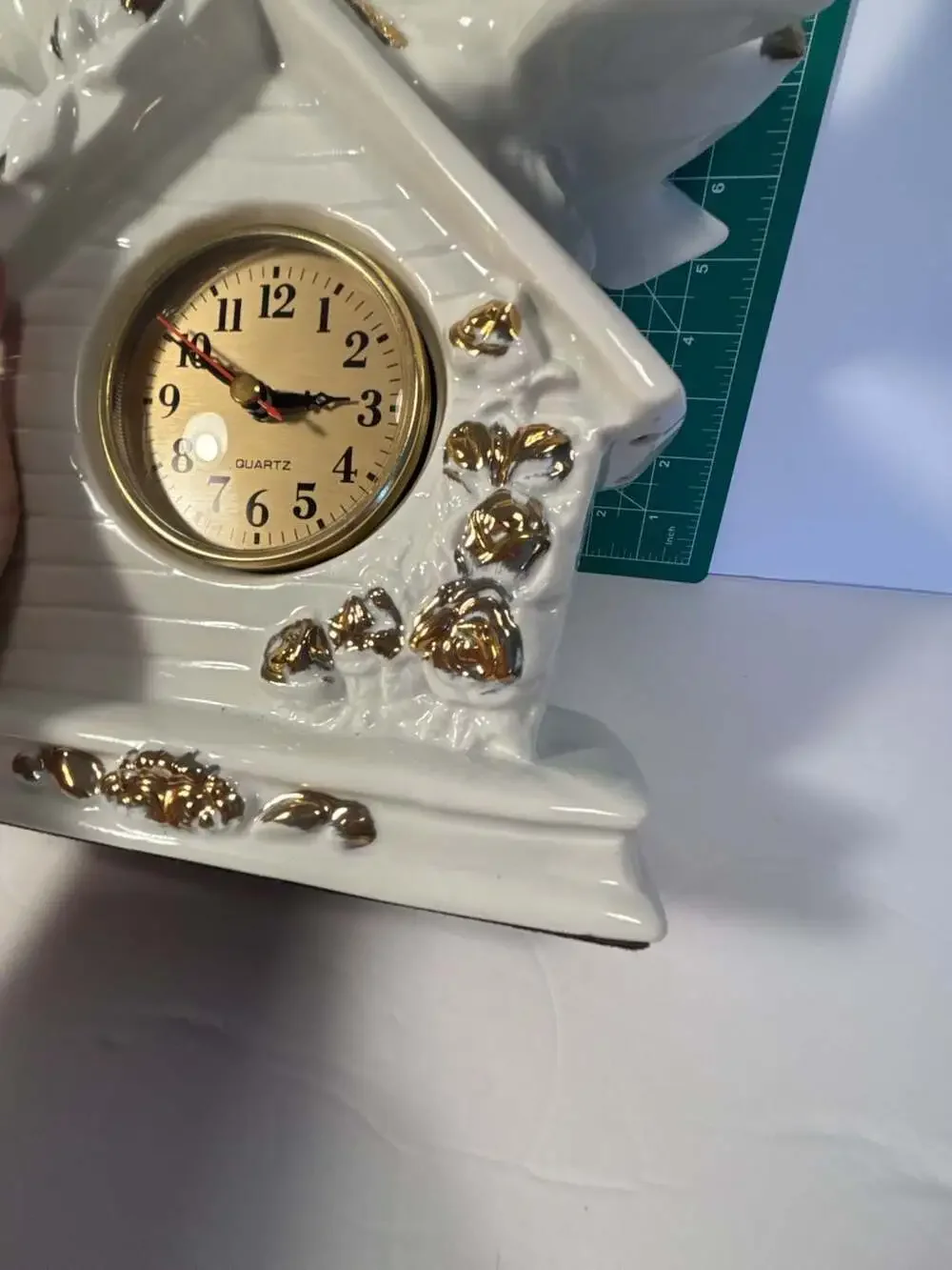 Vintage Eleco White Ceramic Mantel Clock with Love Birds Doves and Gold Trim